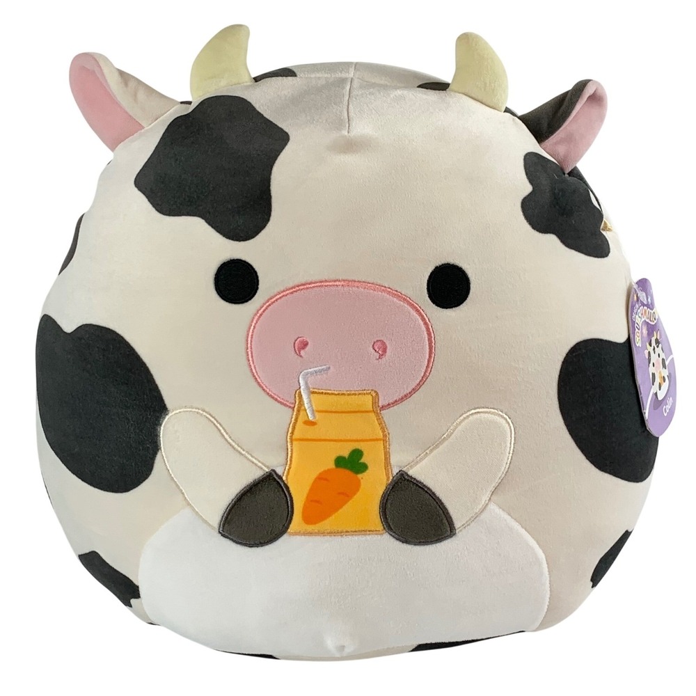 Squishmallows Colin the Cow w/Carrot Juice Box 12 Inch Plush Black White Spotted